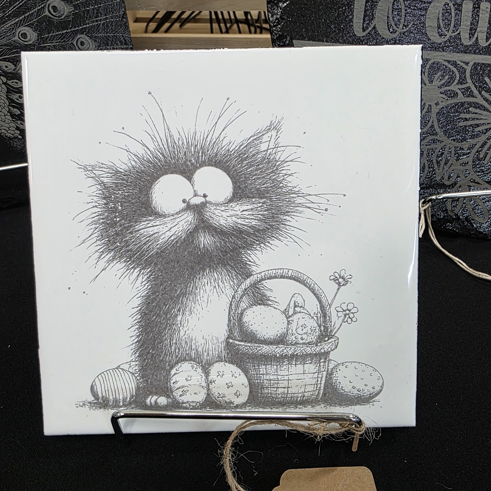 Whimsical Black & White Cat Illustration Tile Easter Theme. 6x6